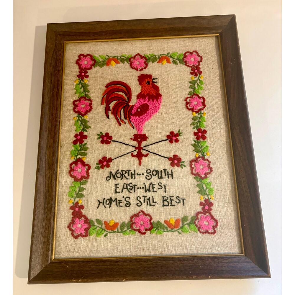 North East South West Home is the Best Rooster Weathervane Crewel Embroidery